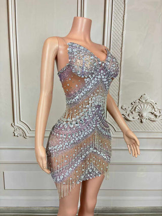 Exquisite Rhinestone Embellished Mini Dress with Fringe Accents