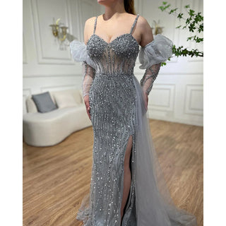 Ships in 1 to 3 Days - Sexy Gray Beaded Mermaid Evening Gown 2024: Spaghetti Straps, High Split, Balloon Sleeves for Party