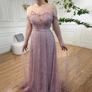 Ships in 1 to 3 Days - Arabic Pink Mermaid Elegant Cape Sleeves Evening Dress: Pearls Beaded Gown for Women's Wedding Party 2024