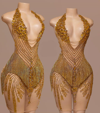 Luxurious Crystal and Bead Embellished Bodysuit Dress with Sheer Panels