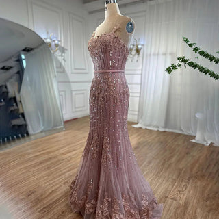 Pink Mermaid Sexy Spaghetti Straps Lace Beaded Evening Dress: Elegant Gown for Women's Wedding Party 2024