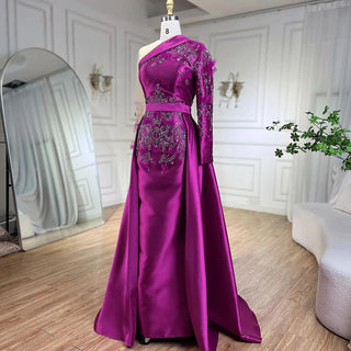 Arabic Purple Mermaid Satin Lace Beaded Luxury Dubai Evening Dress - Elegant Gown for Women's Party 2024