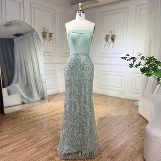 Sage Green Long Cape Cloak Mermaid Elegant Satin Beaded Feathers Evening Dress - Women's Party 2024