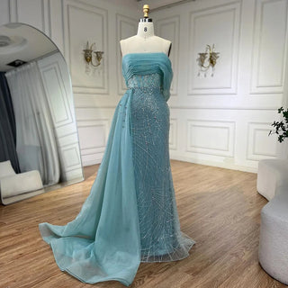 Turquoise Luxury Evening Dress with Side Train - Pearls One Shoulder Gown for Women's Formal Prom Wedding Party