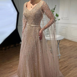 Ships in 1 to 3 Days - Mint Cape Sleeves A-Line Beaded Luxury Dubai Evening Dress: Long 2024 Celebrity Gown for Women's Party