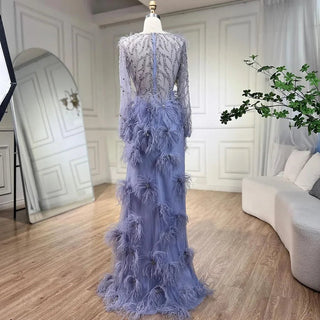 Arabic Lilac Mermaid Evening Dress with High Split Skirt, Beaded Feathers - 2024 Party Gown for Women