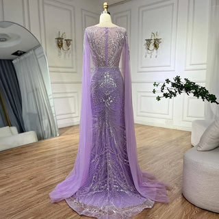 Luxury Dubai Arabic Lilac Cape Sleeves Mermaid Beaded Evening Dresses Gowns for Women