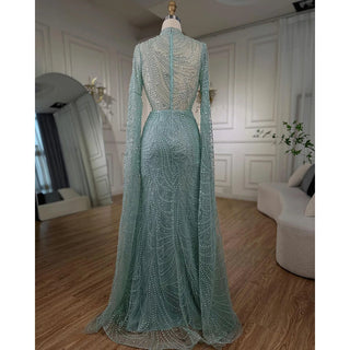 Mint Luxury Mermaid Muslim Evening Dress - 2024 Cape Sleeves Beaded Elegant Gowns for Women Wedding Party