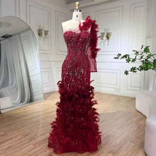 Arabic Wine Red Mermaid Luxury Evening Dress with Feathers and Beading - Elegant Gown for Women Wedding Party 2024