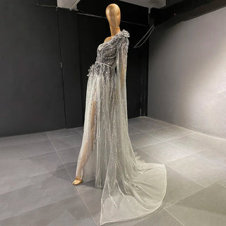 Grey Luxury Beaded A-Line Evening Dress with One Shoulder Cape Sleeve - Women's Party Gown 2024