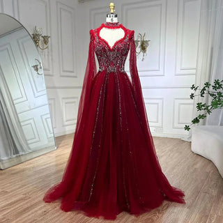 2024 Arabic Nude A-Line Elegant Evening Dress with Cape Sleeves - Beaded Luxury Gown for Women's Wedding Party