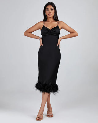 Ships in 1 to 3 Days - Fall New Arrivals Luxury Evening Dress - Crystal Beading Silver Strap Black Party Birthday Dress with Feather