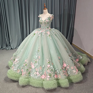 Fashion V-Neck Appliqued Flower Green Quinceañera Formal Gown