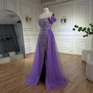 Ships in 1 to 3 Days - Arabic Purple Strap High-Split Mermaid Beaded Evening Gown for Women Wedding Party 2024