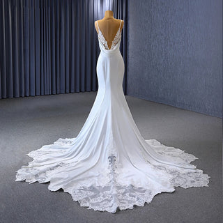 Simple White Mermaid Spaghetti Strap Chapel Train Appliqué Wedding Dress