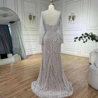 Ships in 1 to 3 Days - Muslim White Nude Elegant Mermaid Luxury Dubai Evening Dresses Gowns Pearls Beaded For Women Wedding Party