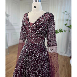 Arabic Purple A-Line Beaded Evening Dress with Cape Sleeves - Women's Wedding Party Gown 2024