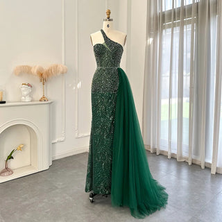 Emerald Elegance: One Shoulder Evening Dress with Overskirt, Side Slit, and Luxury Champagne Accents, Ideal for Mermaid Proms and Formal Occasions.