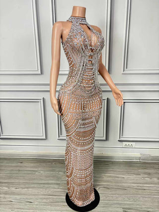 Crystal-Adorned Halter Neck Evening Gown