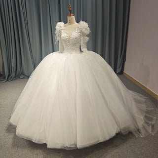 Elegant Long Sleeve Feather Puffy Ball Gown Bridal Wedding Dresses