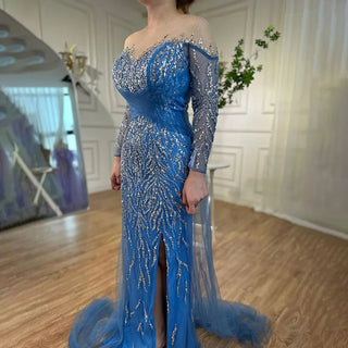 Ships in 1 to 3 Days - Stunning Dubai Blue Mermaid Evening Dress - Sexy High Split with Skirt Beaded Gown for Women's Wedding Party 2024