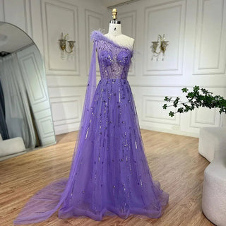 Lilac A-Line One Shoulder Cape Sleeves Feathers Beaded Luxury Evening Dresses: Gowns for Women's Wedding Part