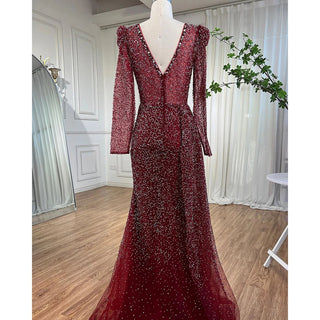 Muslim Designer Luxury Wine Red Mermaid Evening Dress with Elegant Beaded Detail - Women's Wedding Party Gown 2024