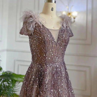 Ships in 1 to 3 Days - Purple A-Line Beaded Feather Arabic Evening Gown 2024: Sexy, Elegant Party Dress for Women