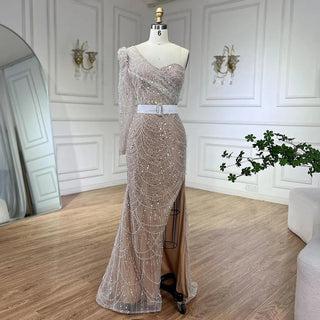 White Nude Mermaid One-Shoulder High Split Beaded Luxury Evening Gown - Perfect for Women's Wedding Party