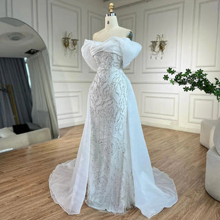 Ships in 1 to 3 Days - Arabic White Beaded Mermaid Elegant with Overskirt Luxury Dubai Evening Dresses Gowns for Women's Party 2024