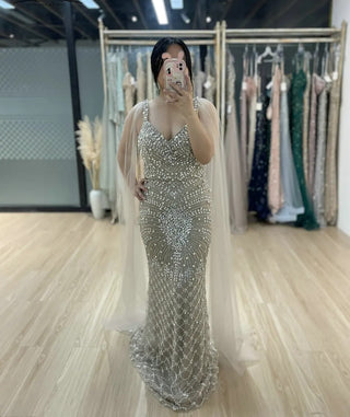 Nude Stunning Cape Sleeves Evening Ball Gown - Luxury Beaded Mermaid V-Neck Dress for Wedding Guests in Dubai