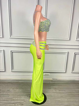 Neon Green Crystal Embellished Two-Piece Evening Set