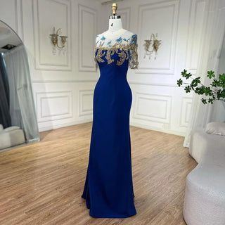 Ships in 1 to 3 Days - Arabic Blue Mermaid Elegant Appliques Luxury Dubai Evening Dresses Gowns 2024 For Women Wedding Party