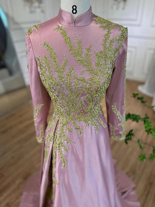 Pink Muslim Mermaid Satin Evening Dresses 2024 - Elegant Embroidery, Perfect for Women's Wedding Party