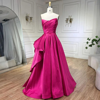 2024 Arabic Fuchsia A-Line Elegant Satin Strapless Evening Dresses: Gowns For Women Wedding Party