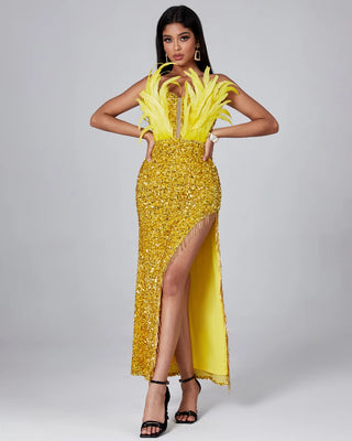 Fall Women’s Sequin Beading Yellow Ostrich Feather Dress - V-Neck Long High Split Party Evening Maxi Dress