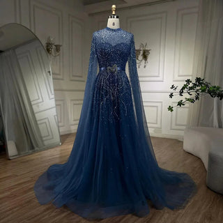 Blue A-Line Cape High Neck Beaded Evening Gown for Plus Size Party