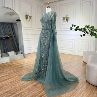 Ships in 1 to 3 Days - Arabic Turquoise Mermaid Gown with Tulle Overskirt and Beaded | Evening Gowns for Women - Wedding Party