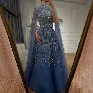 Ships in 1 to 3 Days - High-Neck Beaded Evening Gown with Sheer Cape Overlay - Luxury Floor-Length Formal Dress