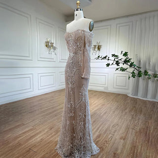 Sophisticated Arabic White Nude Mermaid Evening Dress - Elegant Off-The-Shoulder Gown with Luxury Sequins for 2024 Party