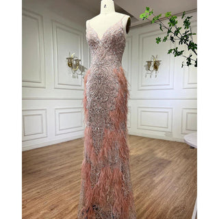 Pink Feathers Mermaid Evening Dress: 2024 Luxury Dubai Gown for Women's Wedding Party