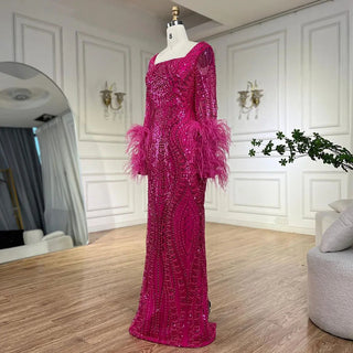 Muslim Fuchsia Luxury Beaded Feathers Mermaid Women Wedding Party Dubai Gowns Long Evening Dresses 2024