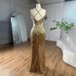 Dubai Silver Mermaid Evening Gown 2024 with Gold Beaded Tassel - Luxury Spaghetti Strap Party Dress for Women