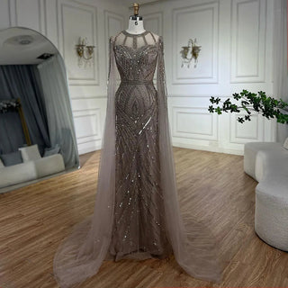 Ships in 1 to 3 Days - 2024 Arabic Caramel Mermaid Evening Dress with Beaded Elegant Cape Sleeves Gown for Women's Wedding Party