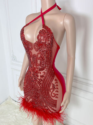 Ships in 1 to 3 Days - Exquisite Scarlet Beaded Illusion Mini Dress