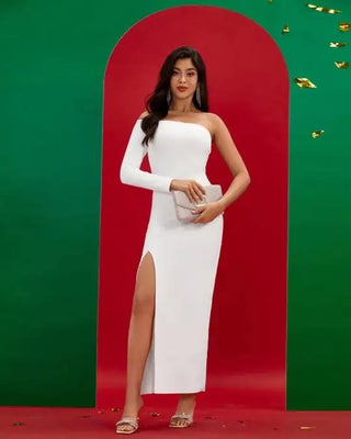 Ships in 1 to 3 Days - Elegant White One-Shoulder Long Sleeve Plus Size Bandage Dress - Winter Casual Evening Dress for Women