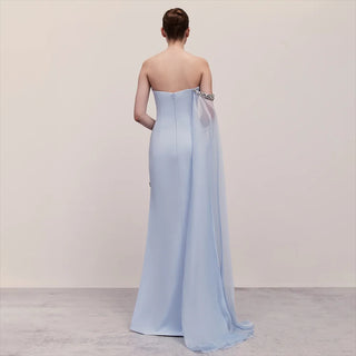 Blue Satin Mermaid One-Shoulder Evening Dress - Elegant Cap Sleeve Beaded Gown for Women's Party with High Slit