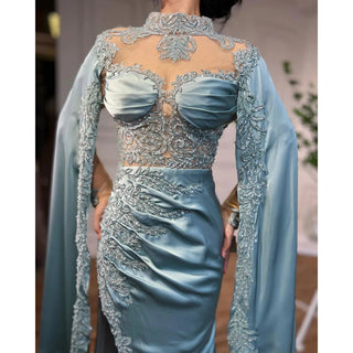 Luxury Mint Mermaid Evening Dress with High Collar and Beaded Cape Sleeves - Women's Party Gown 2024