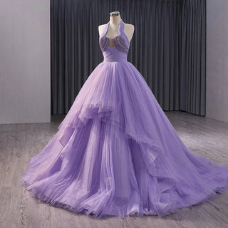 Elegant Lilac Halter Ball Gown Evening Party Dress for Women