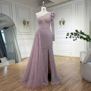 Arabic Pink Mermaid Elegant One Shoulder Beaded Luxury Evening Dresses Gowns For Women Wedding Party 2024